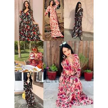 BLENCOT Women's Casual Boho Floral Printed Deep V Neck Loose Long Sleeve Long Evening Dress Ruched Cocktail Party Maxi Wedding Dress Apricot Medium