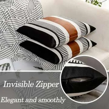 Vfuty Set of 2 Black White Boho Pillow Cover with Leather Modern Couch Pillow Covers 22x22 inch Farmhouse Stripe Pillowcase for Couch Bed, Black