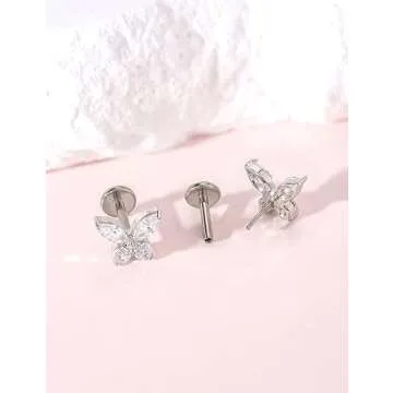Limerencia G23 Hypoallergenic 18g Flat Back Stud Earrings | F136 Implant Grade Titanium Press Fit Threadless Push Pop in Cartilage Helix Labret Lip Monroe Tragus Piercing Studs (Butterfly CZ Silver)