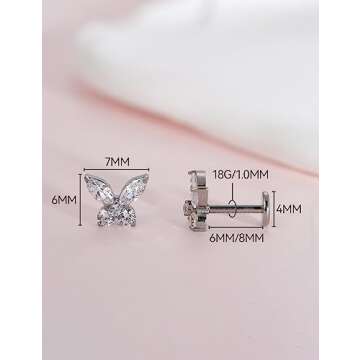 Limerencia G23 Hypoallergenic 18g Flat Back Stud Earrings | F136 Implant Grade Titanium Press Fit Threadless Push Pop in Cartilage Helix Labret Lip Monroe Tragus Piercing Studs (Butterfly CZ Silver)