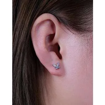 Limerencia G23 Hypoallergenic 18g Flat Back Stud Earrings | F136 Implant Grade Titanium Press Fit Threadless Push Pop in Cartilage Helix Labret Lip Monroe Tragus Piercing Studs (Butterfly CZ Silver)
