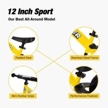 Strider 12" Sport Bike, Yellow - No Pedal Balance Bicycle for Kids 1 to 4 Years - Includes Safety Pad, Padded Seat, Mini Grips & Flat-Free Tires - Tool-Free Assembly & Adjustments