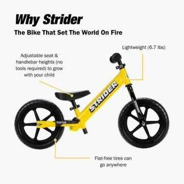 Strider 12" Sport Bike, Yellow - No Pedal Balance Bicycle for Kids 1 to 4 Years - Includes Safety Pad, Padded Seat, Mini Grips & Flat-Free Tires - Tool-Free Assembly & Adjustments