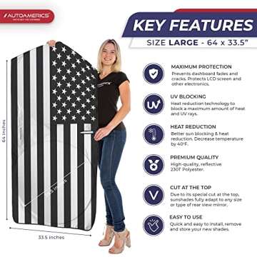 Autoamerics 1-Piece Windshield Sun Shade B&W American Flag USA Patriotic Design - Foldable Car Fits ...