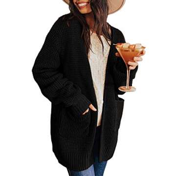 Misassy Womens Open Front Waffle Long Sleeve Lightweight Knit Cardigans Sweater Oversized Sweaters with Pockets Black