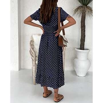 Langwyqu Womens Summer Beach Dress V Neck Short Sleeve Polka Dots Ruffles High Low Dresses