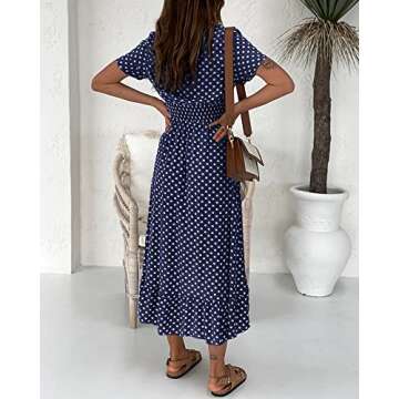 Langwyqu Womens Summer Beach Dress V Neck Short Sleeve Polka Dots Ruffles High Low Dresses