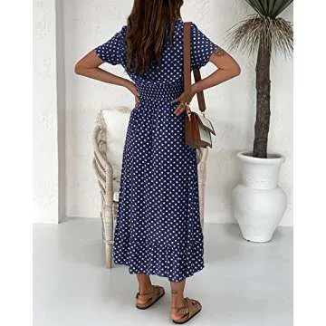 Langwyqu Womens Summer Beach Dress V Neck Short Sleeve Polka Dots Ruffles High Low Dresses