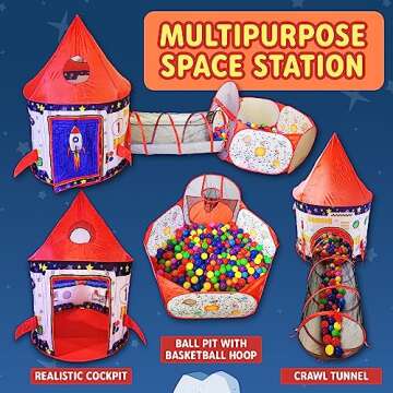 Playz 3pc Rocket Ship Astronaut Kids Play Tent, Tunnel, & Ball Pit with Basketball Hoop Toys for Boys, Girls, Babies, and Toddlers - STEM Inspired Educational Galactic Spaceship Design w/Planets