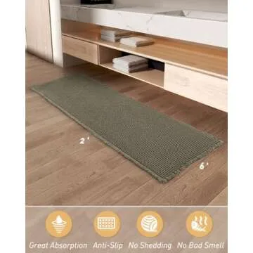 Upgraded Waffle Runner Rug Super Absorbent Non Slip Bath Mats for Bathroom Floor, Machine Washable Bathroom Runner Rug with Tassels, Ideal for Hallway Bedroom Laundry Room, Green, 2' x 6'(24" x 72")