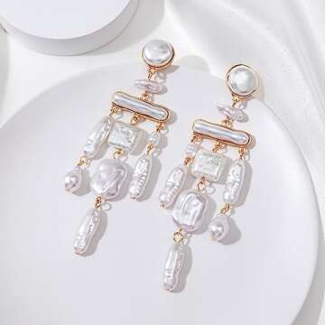 Donabus Statement Pearl Dangle Earrings,Gold and Large Pearl,Luxury Chandelier Organic Style Earrings (D)