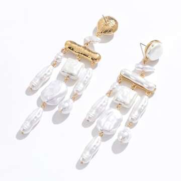 Donabus Statement Pearl Dangle Earrings,Gold and Large Pearl,Luxury Chandelier Organic Style Earrings (D)