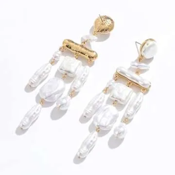 Donabus Statement Pearl Dangle Earrings,Gold and Large Pearl,Luxury Chandelier Organic Style Earrings (D)