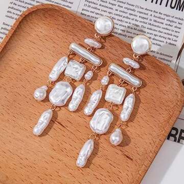 Donabus Statement Pearl Dangle Earrings,Gold and Large Pearl,Luxury Chandelier Organic Style Earrings (D)