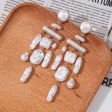 Donabus Statement Pearl Dangle Earrings,Gold and Large Pearl,Luxury Chandelier Organic Style Earrings (D)