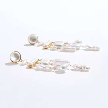 Donabus Statement Pearl Dangle Earrings,Gold and Large Pearl,Luxury Chandelier Organic Style Earrings (D)