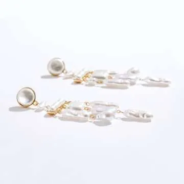 Donabus Statement Pearl Dangle Earrings,Gold and Large Pearl,Luxury Chandelier Organic Style Earrings (D)