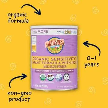 Earth's Best Organic Sensitive Baby Formula for Babies 0-12 Months, Reduced Lactose Powdered Infant ...