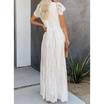 Bdcoco Women's V Neck Floral Lace Wedding Dress Short Sleeve Bridesmaid Evening Party Maxi Dress White