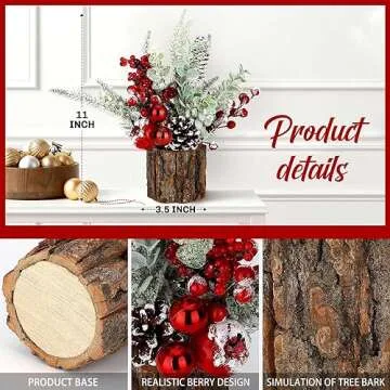 Small Christmas Tree Tabletop Artificial Mini Christmas Tree Decorations with Holiday Ornaments Red Berry Pine Cone Greenery for Home Indoor Fireplace Mantel Xmas Decor (Tree Stump-Red)
