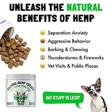 Calming Hemp Treats for Dogs Made in USA Organic Hemp Natural Separation Aid Helps Barking, Chewing, Thunder, Fireworks, Aggressive Behavior Soothing Stress Relief Natural Relaxation 120 Chews