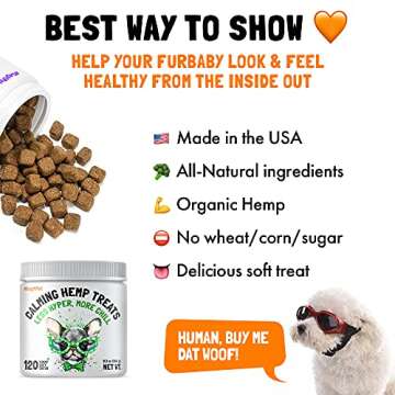Calming Hemp Treats for Dogs Made in USA Organic Hemp Natural Separation Aid Helps Barking, Chewing, Thunder, Fireworks, Aggressive Behavior Soothing Stress Relief Natural Relaxation 120 Chews