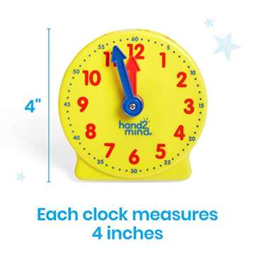 hand2mind Mini Geared Clock, Telling Time Teaching Clock, Learn to Tell Time Clock, Analog Learning Clock, Clock for Kids Learning to Tell Time, Teaching Time Classroom Clock (Set of 24)