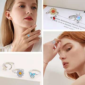 FUNEIA 6Pcs Fidget Ring for Women Anti-Anxiety Rings Adjustable Open Stackable Spinner Rings Set