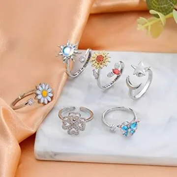 FUNEIA 6Pcs Fidget Ring for Women Anti-Anxiety Rings Adjustable Open Stackable Spinner Rings Set