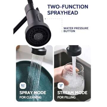 LUFEIDRA Black Kitchen Faucets with Pull Down Sprayer - High Arc Spring 304 Stainless Steel Single Hole Sink Faucet with Dual Function Pull-Down Sprayer for Bar Rv Kitchen, Matte Black