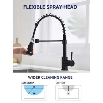 LUFEIDRA Black Kitchen Faucets with Pull Down Sprayer - High Arc Spring 304 Stainless Steel Single Hole Sink Faucet with Dual Function Pull-Down Sprayer for Bar Rv Kitchen, Matte Black