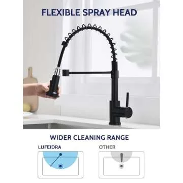 LUFEIDRA Black Kitchen Faucets with Pull Down Sprayer - High Arc Spring 304 Stainless Steel Single Hole Sink Faucet with Dual Function Pull-Down Sprayer for Bar Rv Kitchen, Matte Black