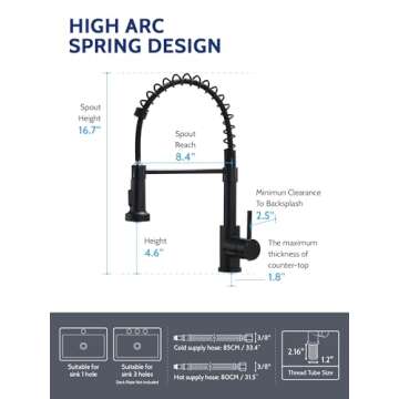 LUFEIDRA Black Kitchen Faucets with Pull Down Sprayer - High Arc Spring 304 Stainless Steel Single Hole Sink Faucet with Dual Function Pull-Down Sprayer for Bar Rv Kitchen, Matte Black