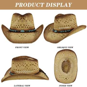 Kalerona Straw Cowboy Hat for Men and Women - Western Style Wide Brim Hat, Perfect for Beach and Cowboy Events - Straw Cowgirl Hat and Cowboy Party Accessory