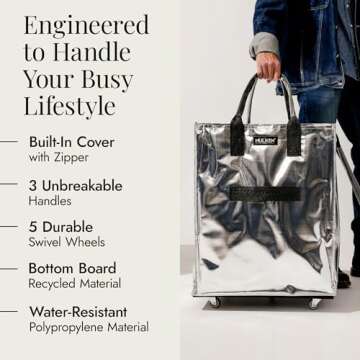 HULKEN (Large, Silver) Reusable Grocery Bag On Wheels, Shopping Trolley, Rolling Tote, Zipper Closur...