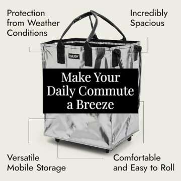 HULKEN (Large, Silver) Reusable Grocery Bag On Wheels, Shopping Trolley, Rolling Tote, Zipper Closure, Lightweight, Carries Up to 66 lb, Folds Flat, Unbreakable Handles