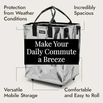 HULKEN (Large, Silver) Reusable Grocery Bag On Wheels, Shopping Trolley, Rolling Tote, Zipper Closure, Lightweight, Carries Up to 66 lb, Folds Flat, Unbreakable Handles