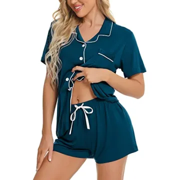 SWOMOG Womens Button Down Pajamas Set Short Sleeve Sleepwear - Soft PJ Lounge Sets XS-3XL Oxford Blu...