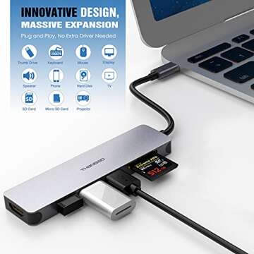 USB C Hub Multiport Adapter - 7 in 1 Portable Space Aluminum Dongle with 4K HDMI Output, 3 USB 3.0 P...