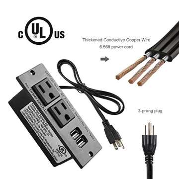 Premium Conference Recessed Power Strip with USB Ports - 2-Outlets, 2 USB Charging Connections