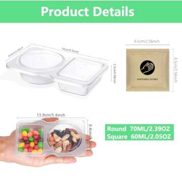 Jatranzity 20 Sets Double Compartment Condiment Container for Dip, Sauce, Sampling and Travel Snacks(Includes 10 Pairs Disposable Gloves)