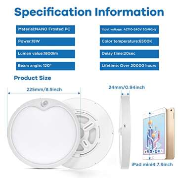 ocioc 8.9 inch Motion Sensor Ceiling Light 18W Hardwired Ultra Thin Flush Mount Lights Fixture High Brightness 6500K Cool White for Closet Pantry Storage Rooms Doorway Staircase Garage Patio