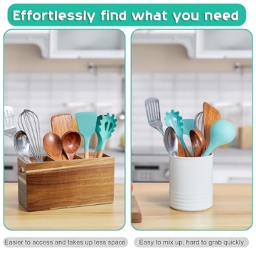 ALELION Acacia Wood 3-Compartment Utensil Holder