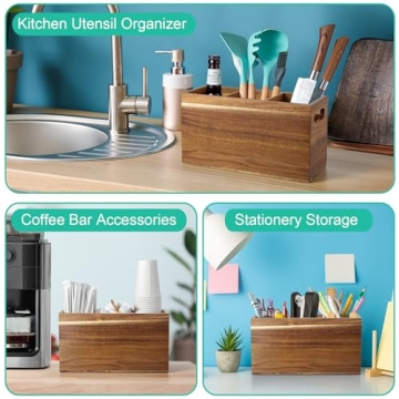 ALELION Acacia Wood 3-Compartment Utensil Holder