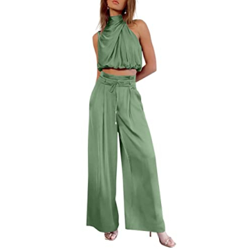 PRETTYGARDEN Women's 2 Piece Outfits 2025 Summer Casual Sleeveless Mock Neck Crop Tops Wide Leg Pant...