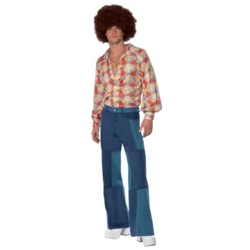 1970s Retro Costume: Blue Denim Shirt & Patchwork Trousers by Smiffys
