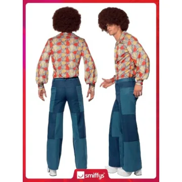 Smiffys 1970s Retro Costume Blue Denim Shirt Patchwork Trousers