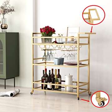 LORMITER Gold Bar Carts with 3 Tier Glass Shelves, Rolling Serving Bar Cart with Wine Rack and Glass...