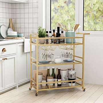 LORMITER Gold Bar Carts with 3 Tier Glass Shelves, Rolling Serving Bar Cart with Wine Rack and Glass Holder, Home Bar Carts & Wine Carts on Wheels for Kitchen, Indoor & Outdoor