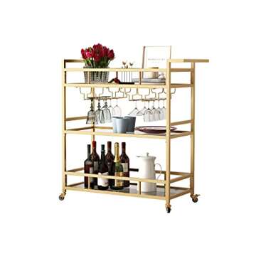LORMITER Gold Bar Carts with 3 Tier Glass Shelves, Rolling Serving Bar Cart with Wine Rack and Glass Holder, Home Bar Carts & Wine Carts on Wheels for Kitchen, Indoor & Outdoor